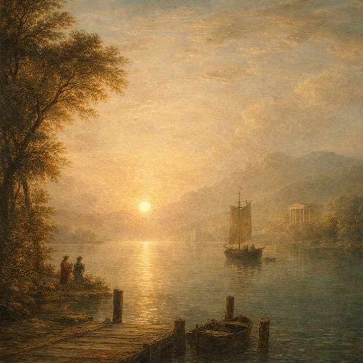 Painted here from the line “the lake from our dock, mist lifting, one boat”, after Claude Lorrain (1604–1682)