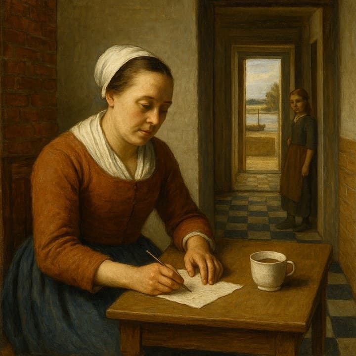 Painted here from the line “me at the kitchen table, morning light, a cup of coffee”, after Pieter de Hooch (1629–1684)