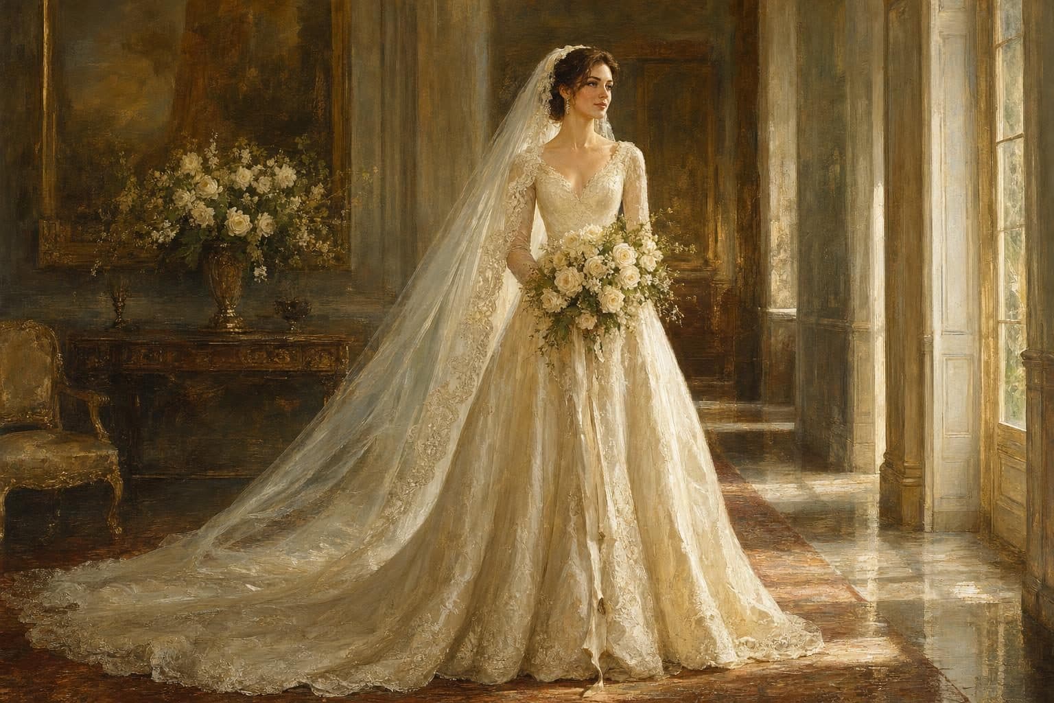 A bride rendered as an old-master oil portrait