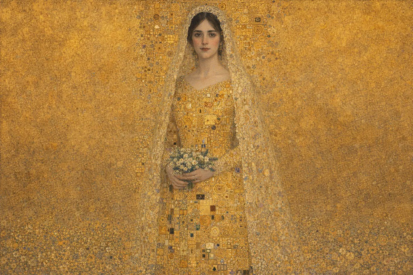 A bride painted after Klimt, gold leaf around her