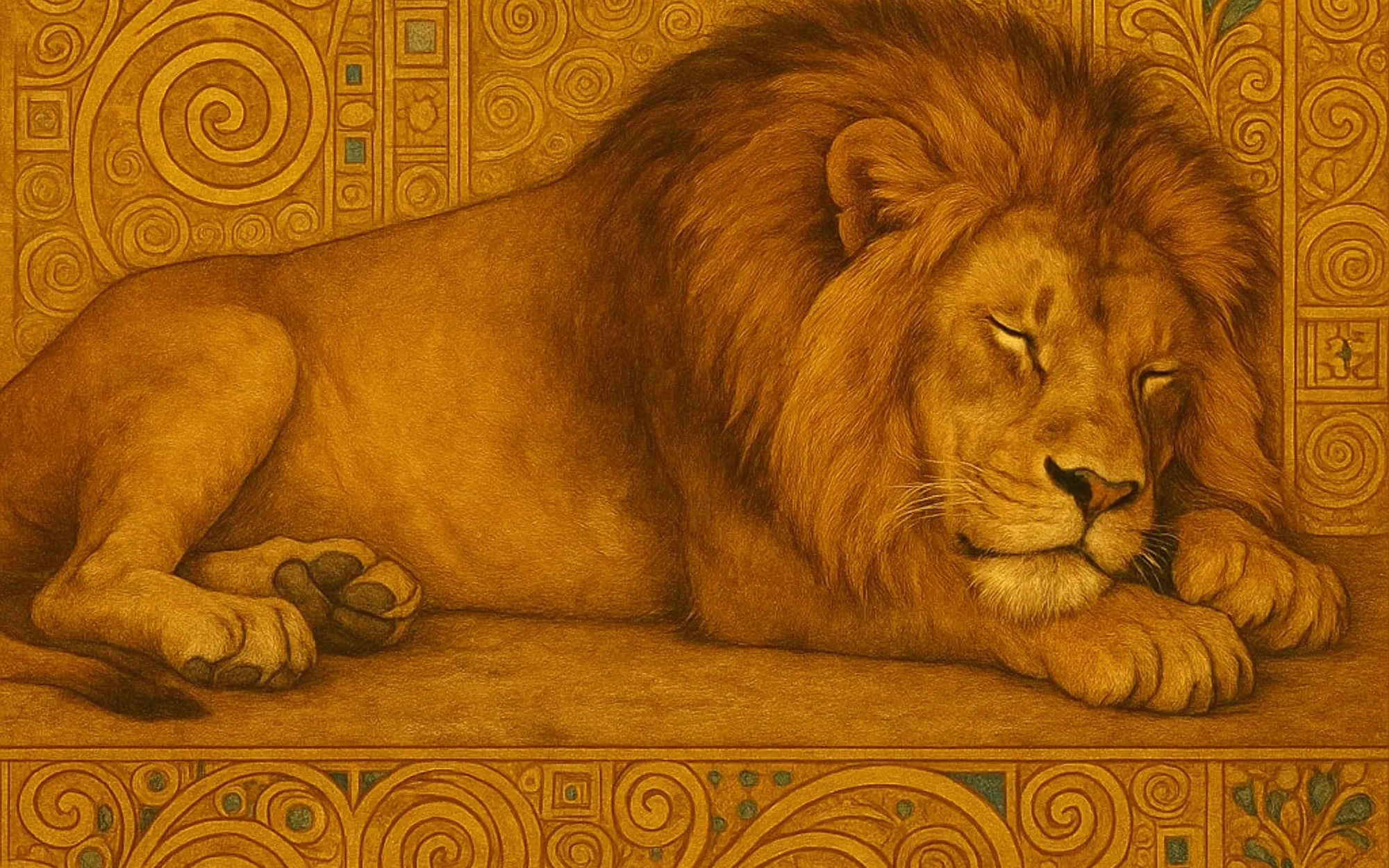 A lion painted on a Klimt gold ground, its mane worked into spirals and tilework.